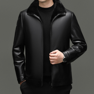 中老年冬季皮衣男加绒加厚款带毛领皮衣男冬季爸爸保暖海宁皮夹克