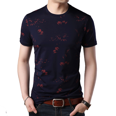 男装丝光棉碎花潮流修身短袖t恤