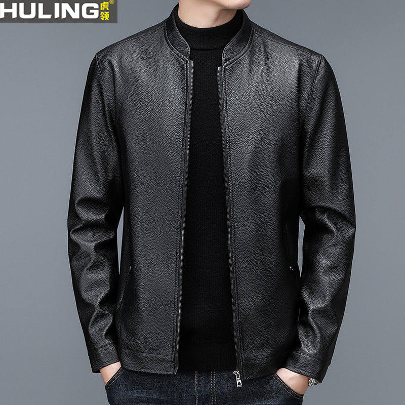 男士皮衣春秋季中年爸爸装宽松商务纯色皮夹克休闲棒球领外套上衣
