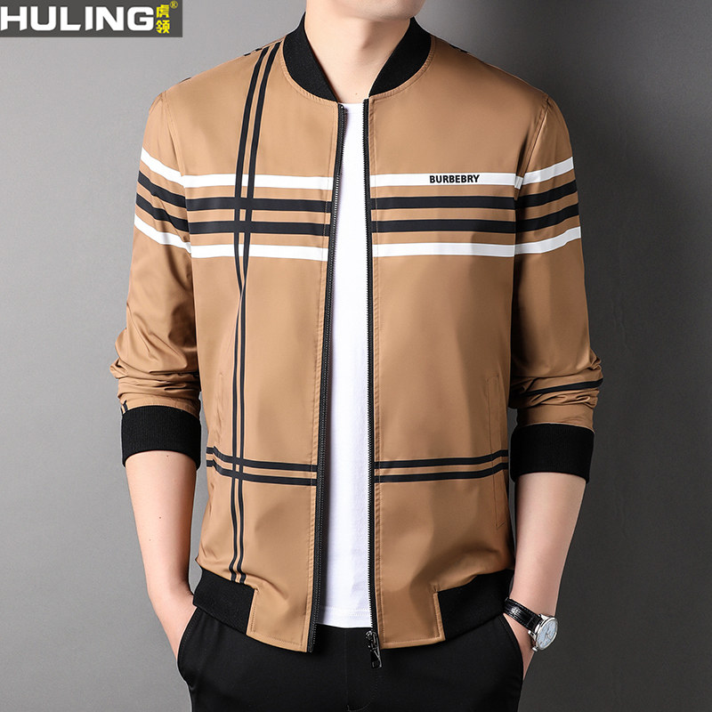 男装条纹夹克外套春秋季潮流时尚休闲棒球领中年爸爸男士拉链上衣