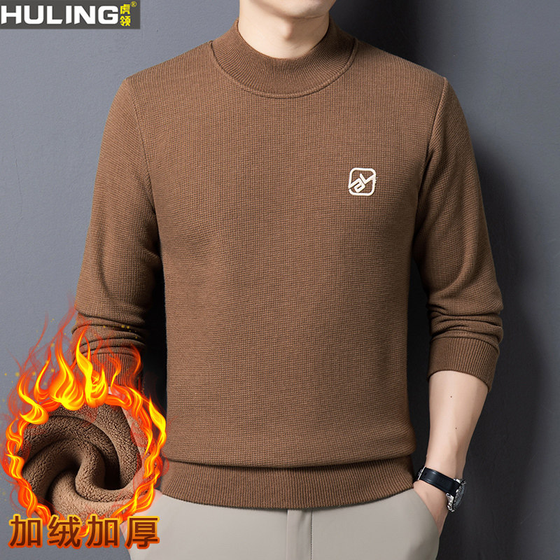 半高领毛衣男加厚加绒针织打底衫中年秋冬装上衣刺绣胸标纯色男装
