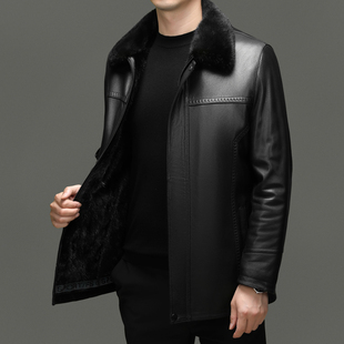 中老年冬季皮衣男加绒加厚款带毛领皮衣男冬季爸爸保暖海宁皮夹克