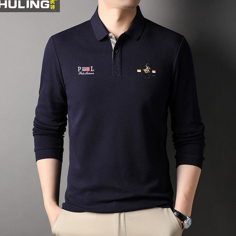 纯棉男士长袖t恤薄款纯棉翻领刺绣中青年爸爸装全棉上衣服Polo衫