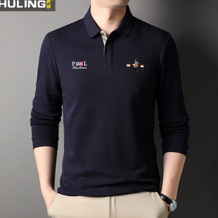 纯棉男士长袖t恤薄款纯棉翻领刺绣中青年爸爸装全棉上衣服Polo衫