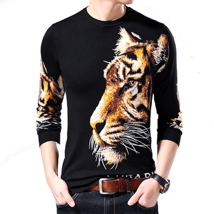 春秋季长袖T恤男装中国风毛衣男老虎头宽松圆领潮个性休闲慵懒风