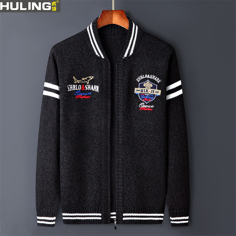 男士毛衣开衫春秋季新款时尚休闲宽松针织外套刺绣鲨鱼男装上衣