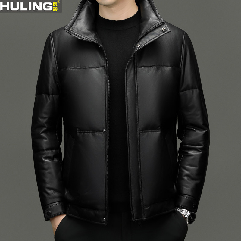 绵羊皮真皮皮衣男士立领白鹅绒羽绒服秋冬季新款保暖中年男装外套