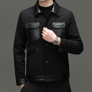 春秋季新款男士皮衣外套羊皮拼鹿皮绒真皮皮衣翻领复古青年夹克
