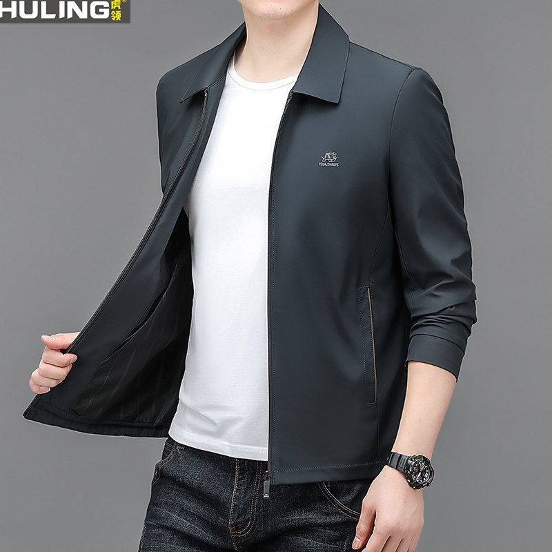 轻奢夹克外套男春秋季新款高级感商务休闲男装翻领上衣纯色茄克衫