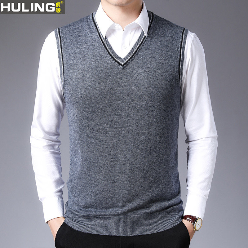 男士背心v领宽松坎肩毛衣保暖秋冬商务男装鸡心领针织马甲外穿