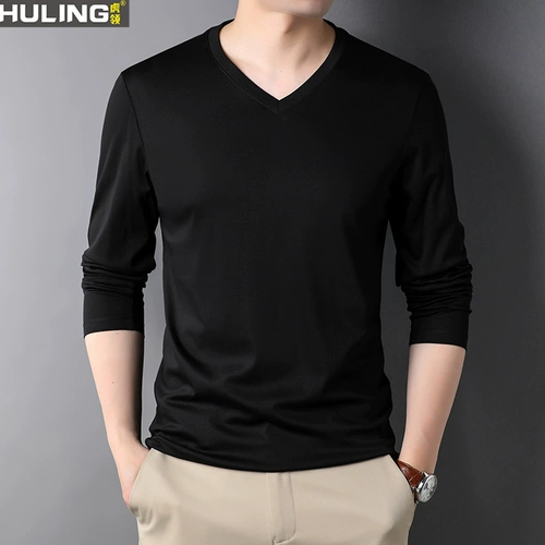 Мужской хлопковый демисезонный приятный телу лонгслив, V-образный вырез, свободный крой