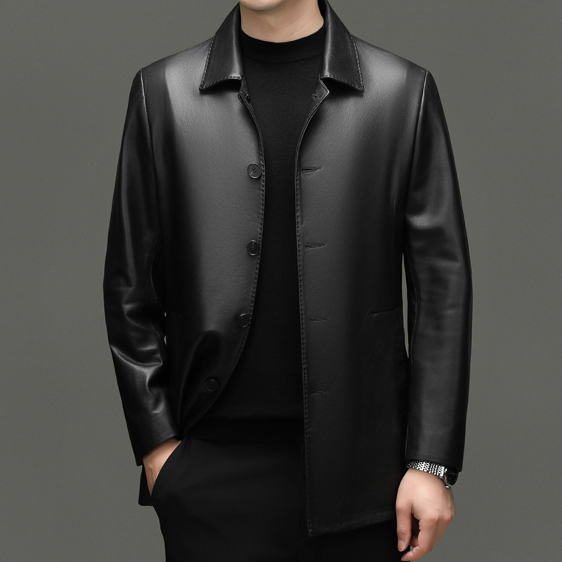 春秋季新款男士真皮皮衣休闲中年爸爸装翻领扣子款绵羊皮夹克外套