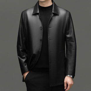 春秋季新款男士真皮皮衣休闲中年爸爸装翻领扣子款绵羊皮夹克外套