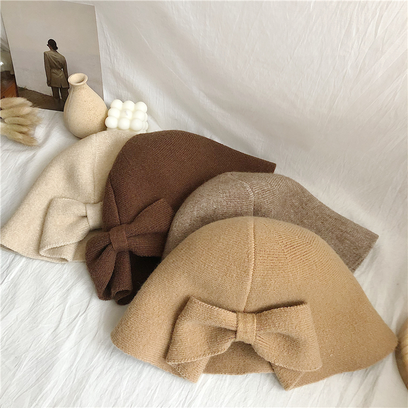 日系蝴蝶结针织渔夫帽保暖气质帽