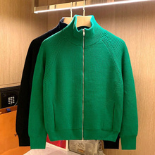秋冬季新款休闲男士绿色立领拉链针织开衫加绒加厚半高领毛衣外套