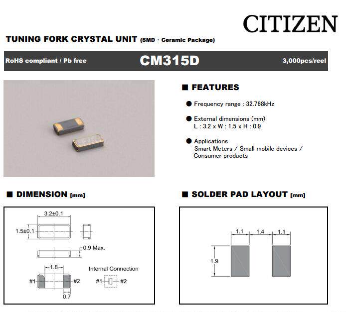 CM315D32768DZBT 6PF +-20PPM 无源贴片晶振 3215 32.768K 低负载