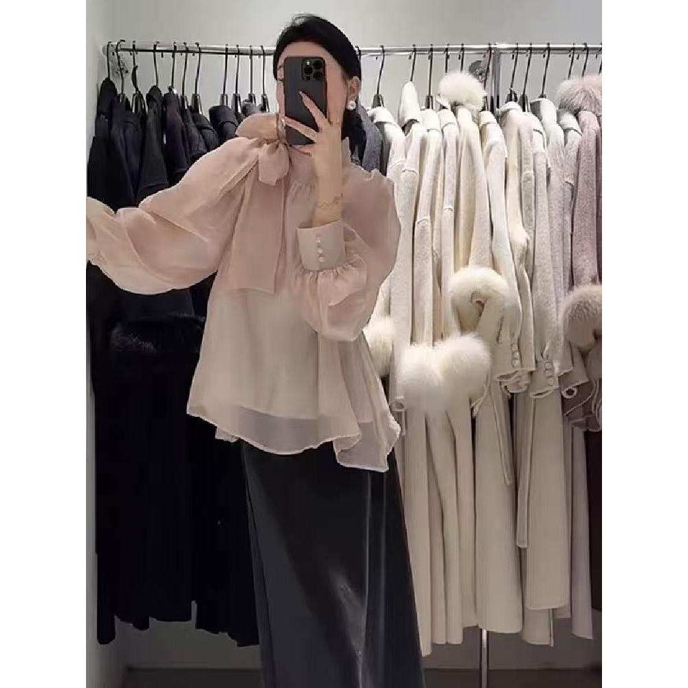 韩国chic2025年早春新款高级感法式设计感系带蝴蝶结气质长袖衬衫