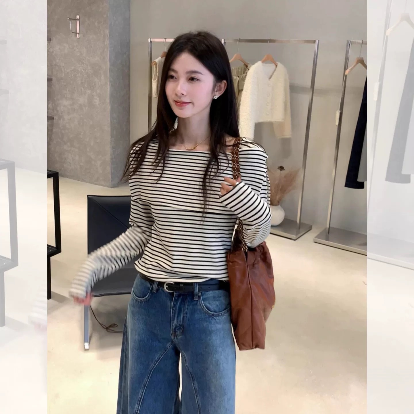 韩系巨好看设计感条纹一字肩上衣女早秋季高级感chic别致长袖T恤