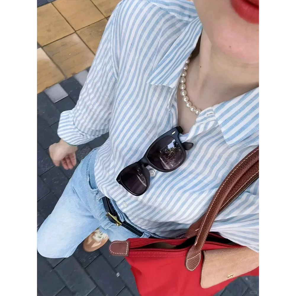法式蓝色条纹亚麻棉麻防晒衬衫女夏季经典老钱风宽松透气防晒衬衣