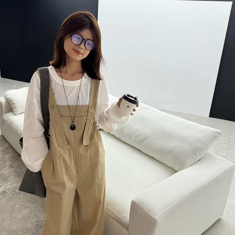 黎诺日系纯色简约背带裤女2024秋新款学院风减龄收腰休闲连体
