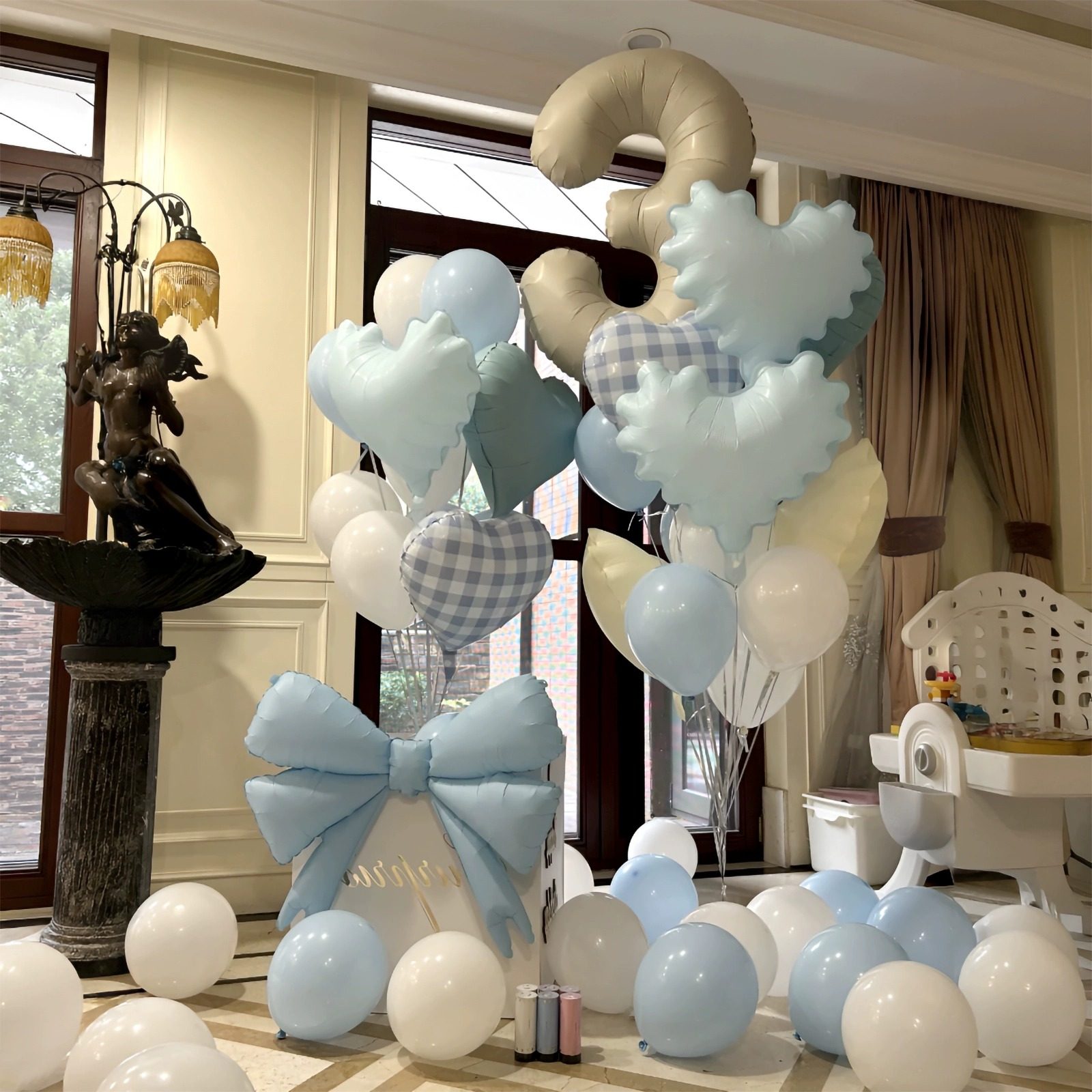 生日派对气球套装蓝白色数字爱心蝴蝶结装饰布置专用生日派对布置