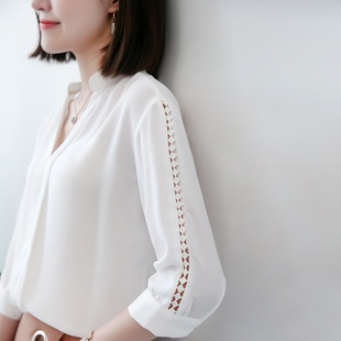 女装 白色雪纺衬衫 女韩版 衬衣休闲V领锁骨上衣 2020新款 夏季 七分袖