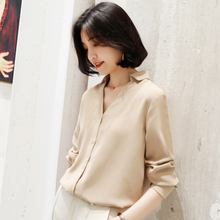 早秋季 2019新款 锁骨上衣休闲百搭v领衬衣女装 女韩版 雪纺衬衫 长袖