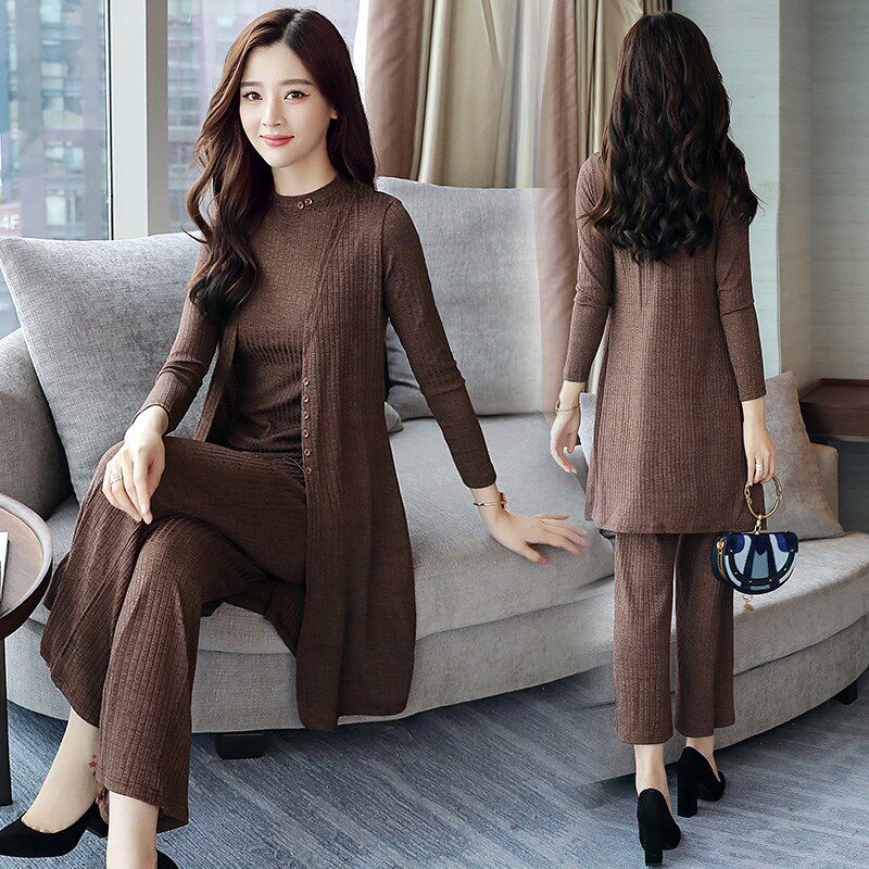 2018春季新款时尚套装女韩版修身气质长袖上衣阔腿裤九分裤三件套在类目 女装/女士精品, 裤子, 休闲裤中 - 来自Buy2taobao.com提供专业的淘宝代购服务