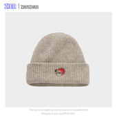 Zien 大头围显脸小保暖护耳针织冷帽 可爱小熊刺绣毛线帽女秋冬季