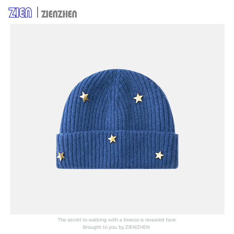 Zien 韩系蓝色星星针织毛线帽子女冬保暖加厚红色大头围包头冷帽