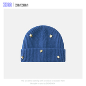 Zien 韩系蓝色星星针织毛线帽子女冬保暖加厚红色大头围包头冷帽