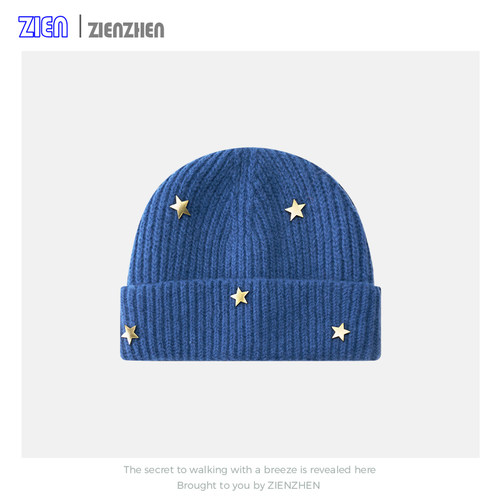 Zien 韩系蓝色星星针织毛线帽子女冬保暖加厚红色大头围包头冷帽