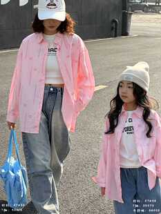 童秋季新款男女中大童纯棉字母长袖衬衫亲子装儿童百搭衬衣