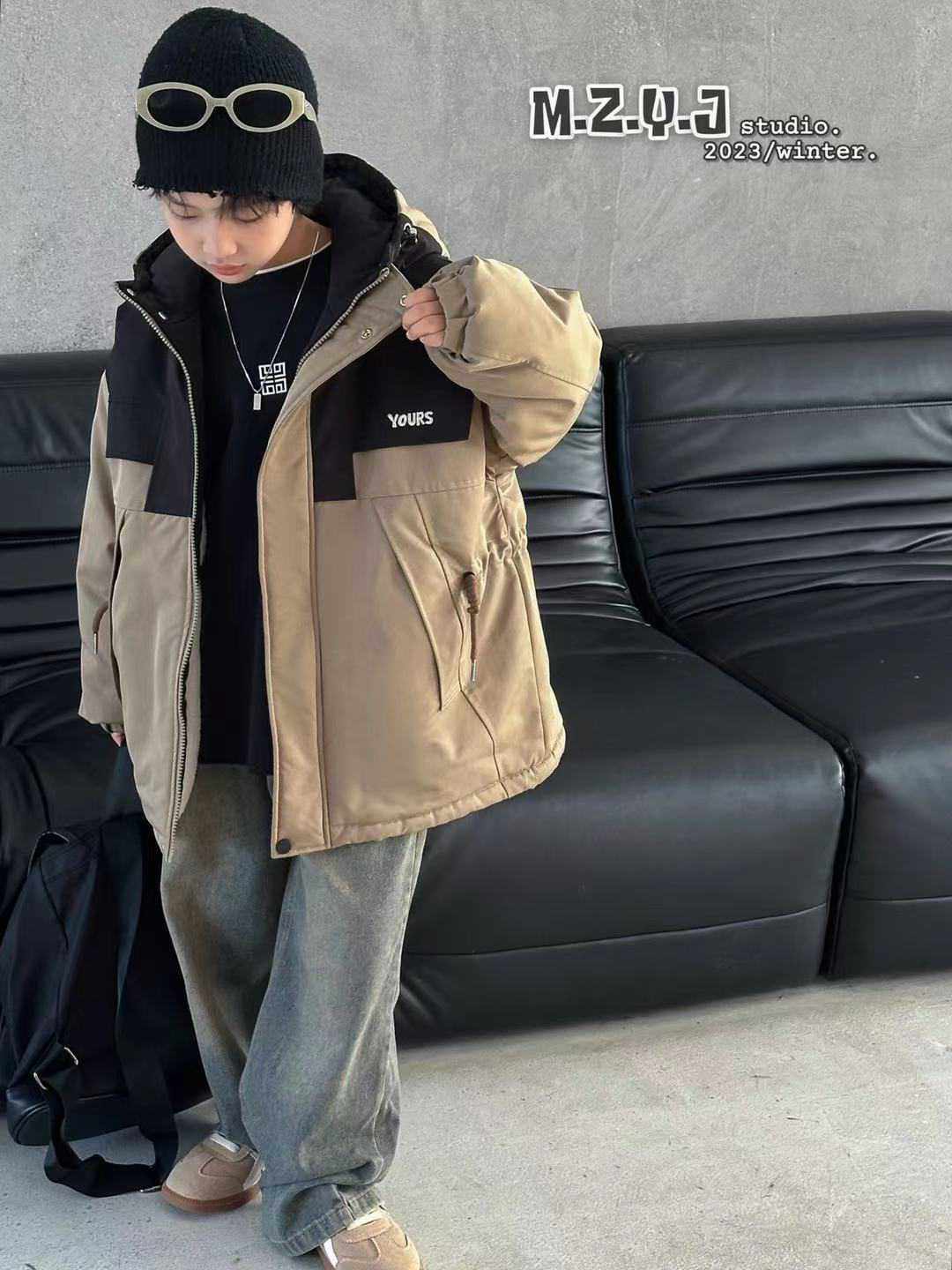 木枝衣匠男女中大童拼色款加绒加厚外套儿童兔毛保暖冲锋衣时尚潮