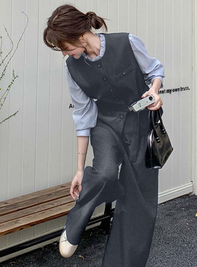 有里布送腰带盐系假两件衬衫+阔腿裤干练套装两件套QJ0004