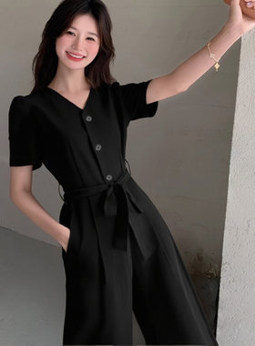 送腰带2026春季新款法式泡泡袖西装连体裤女气质工装连衣裤D2433