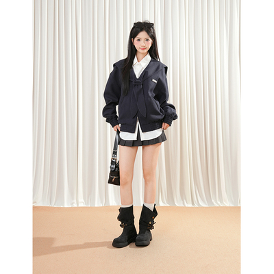 雾蓝水手 学院风复古宽松海军领夹克女2025秋季新款通勤短款外套