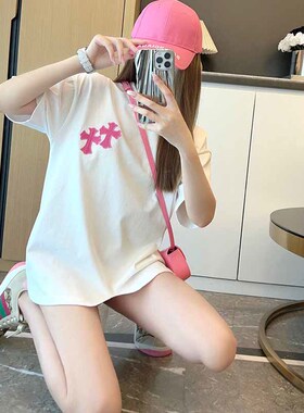 夏季美式高街十字架刺绣短袖T恤女2024新款潮牌白色中长款上衣ins