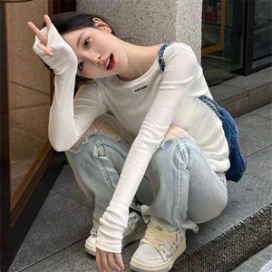 高定上衣少女秋新叠穿纯欲风穿搭薄款内搭打底衫长袖微透T恤2024