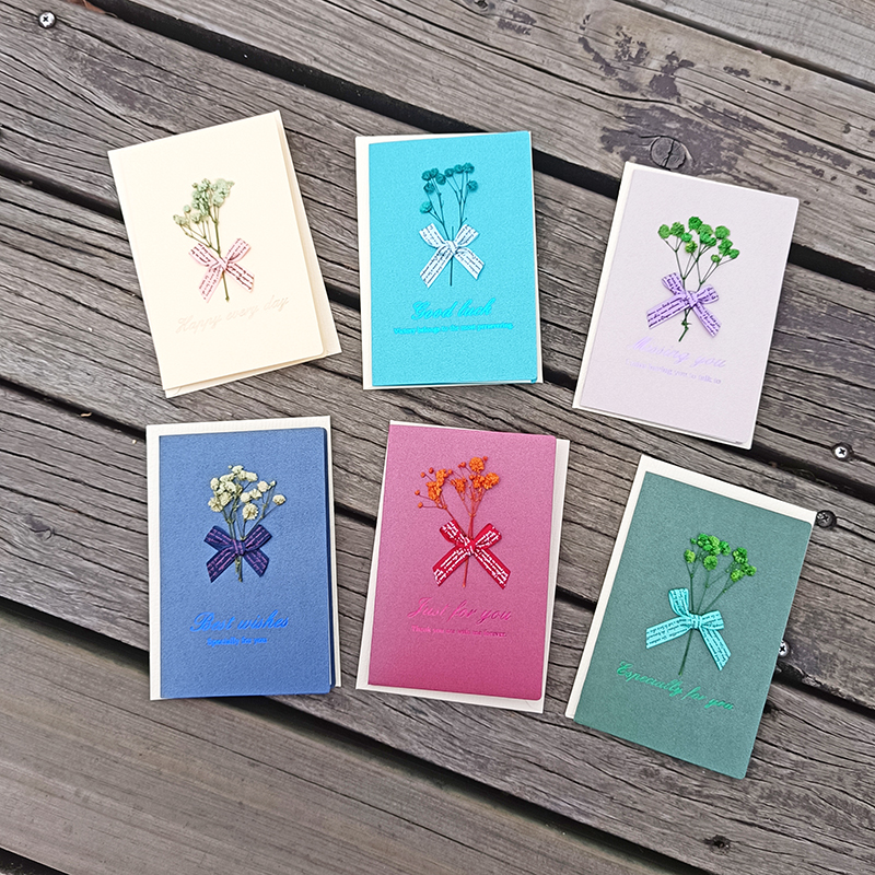 高档美式珠光纸贺卡信封情侣节日通用卡片蝴蝶结永生花贺卡带内页