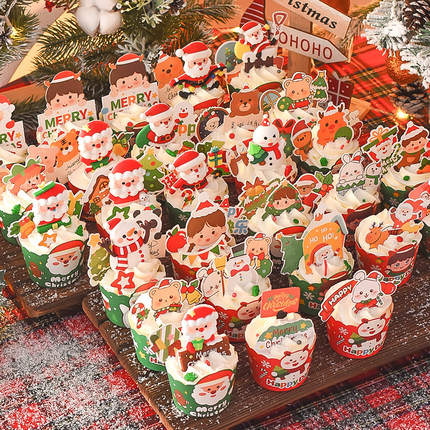圣诞节纸杯蛋糕装饰摆件插件圣诞树老人雪人麋鹿马芬杯甜品台插牌