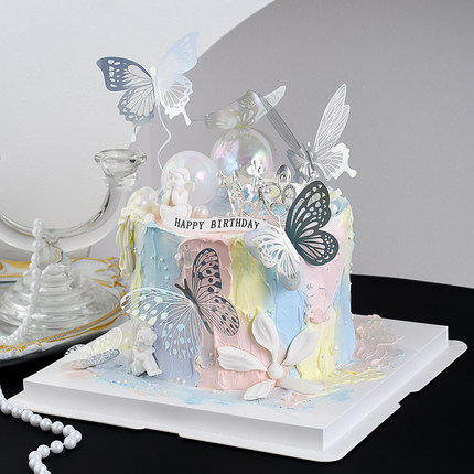 幻彩蝴蝶蛋糕装饰白色镂空摆件网红ins女神闺蜜生日派对烘焙插件