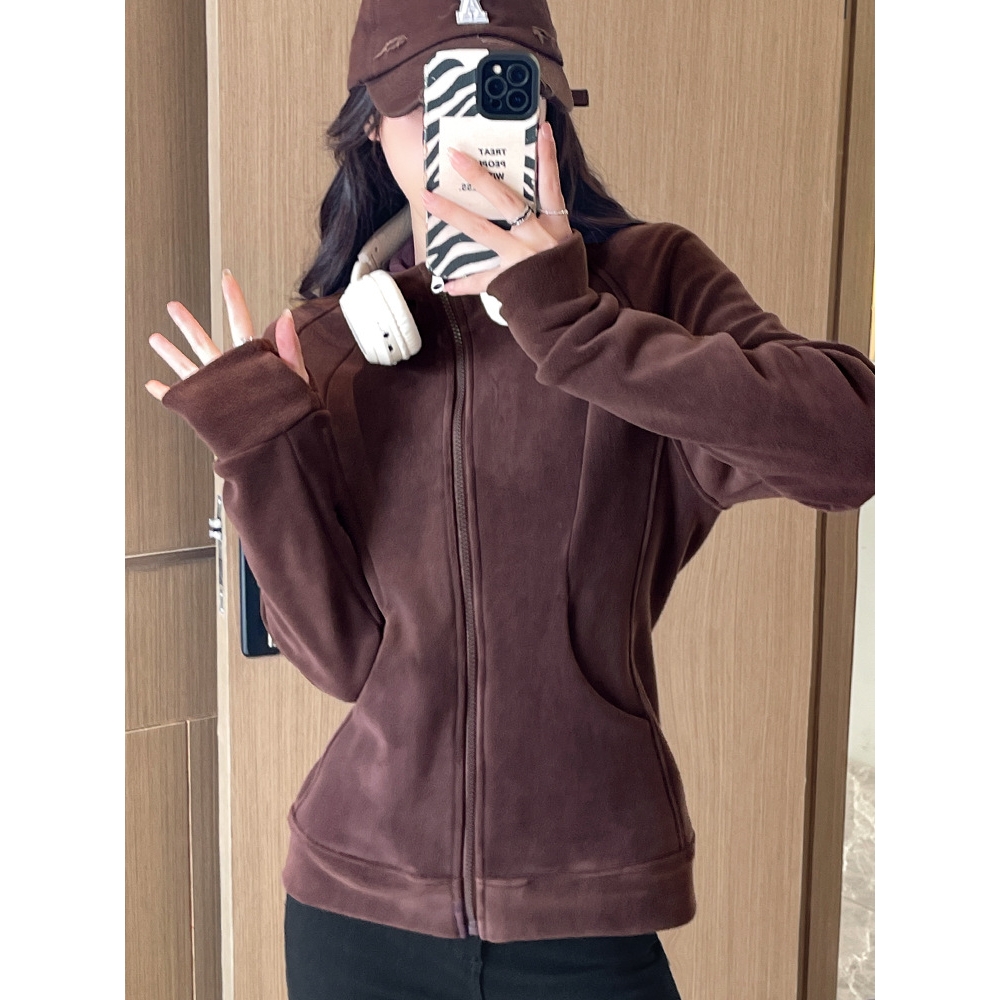 美拉德连帽卫衣女2025新款秋冬加绒修身小个子开衫上衣摇粒绒外套