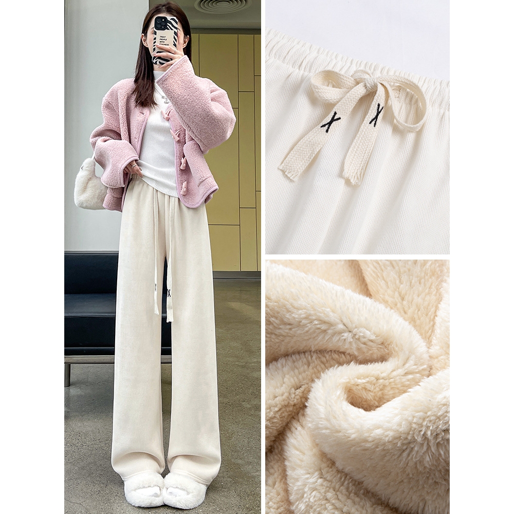 白色阔腿裤女秋冬加绒2025新款宽松小个子休闲窄版直筒灯芯绒裤子