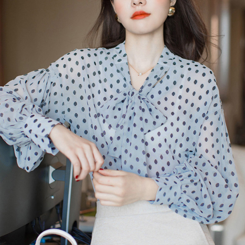 蝴蝶结波点雪纺衫秋季女士衬衣长袖衬衫女设计感小众百搭抗皱上衣