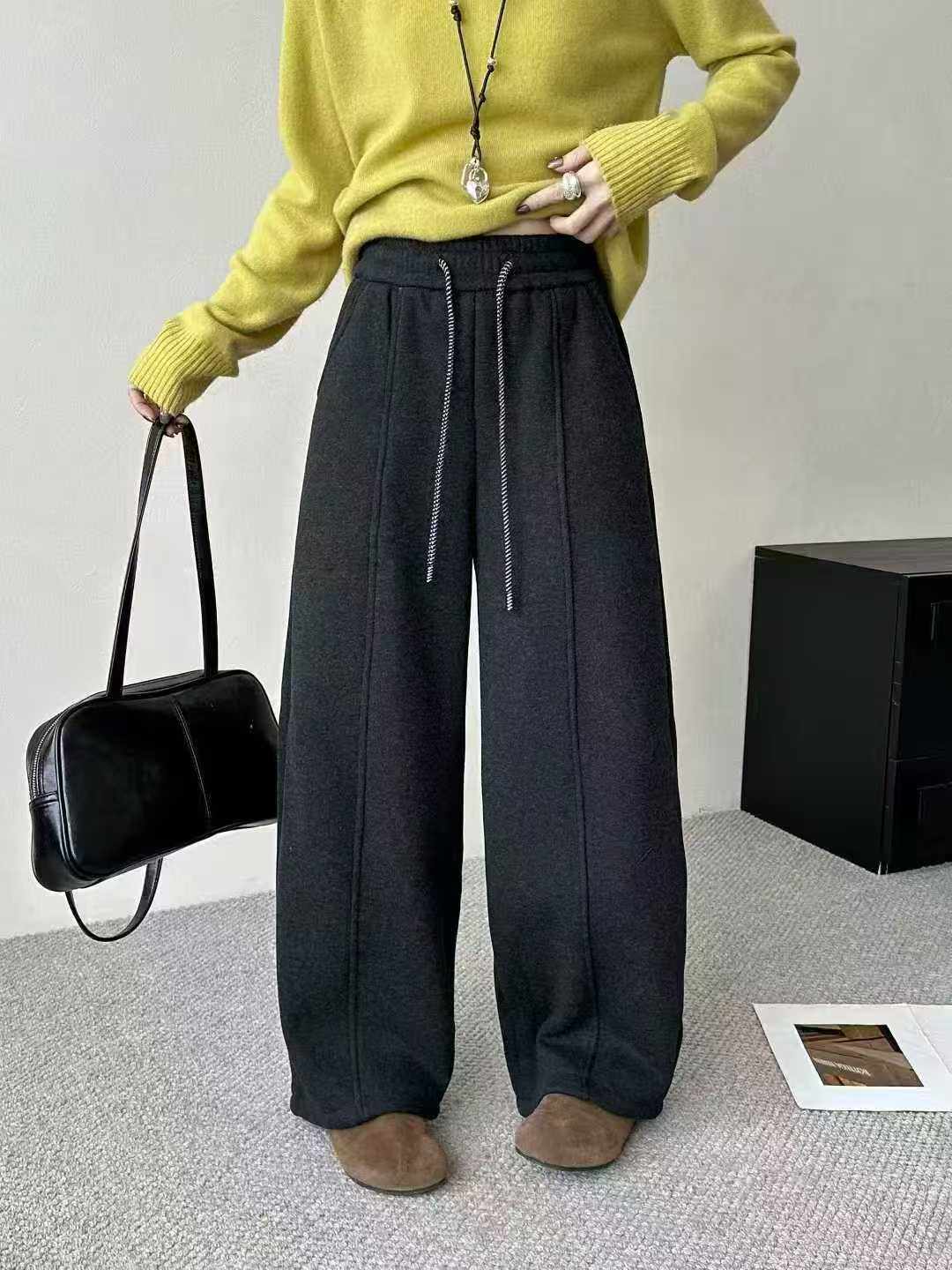 2025冬新款韩版宽松休闲百搭显瘦高腰羊绒裤女阔腿拖地长裤子5613