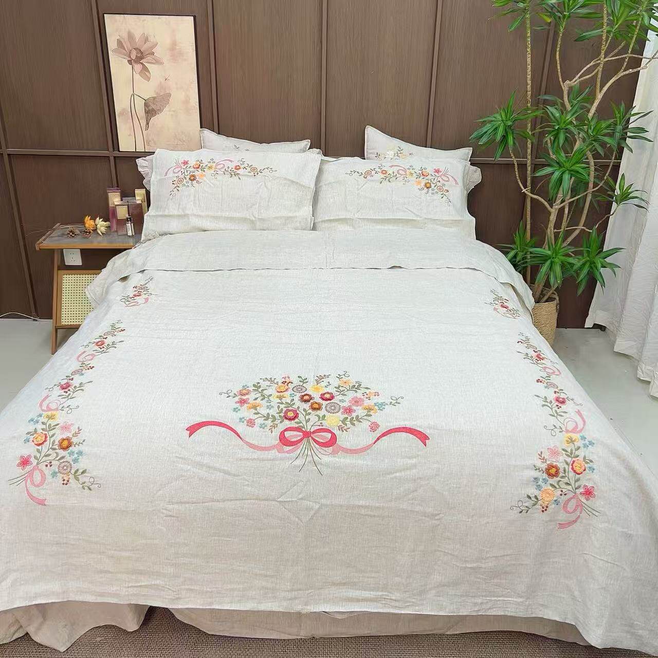 专柜款 觅花妍 高定手工绣纯汉麻雨露麻四件套 非遗鲁绣+机绣床品