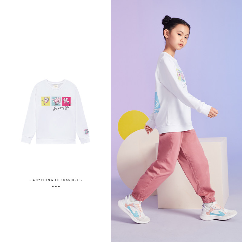 中国李宁儿童女童长袖T恤2024新款打底衫女生纯棉时尚卫衣YWDS112