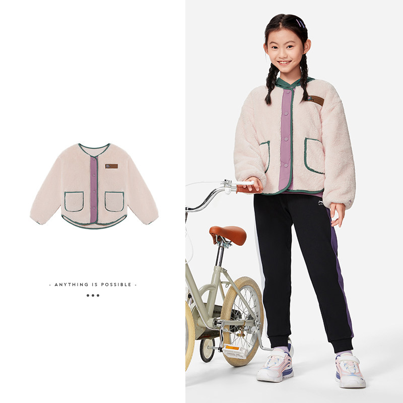 中国李宁正品女大童针织加绒保暖厚羊羔绒宽松夹克外套YFDS206