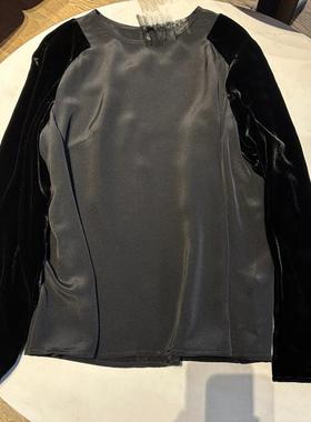 24秋款重磅6A级30姆米真丝拼丝绒黑色圆领衬衫DZDJD24170